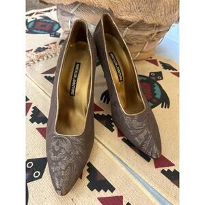 Anne Klein Couture Brn Gold Paisley Fabric Heels Leather Women’s 10 Italy Made